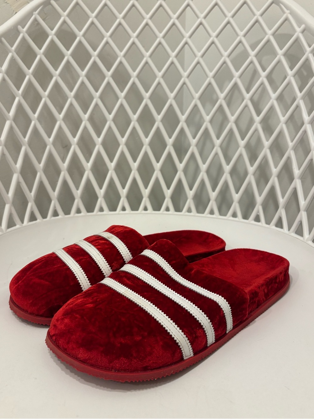 Adidas Mens's Red Plush Slide Slippers with White Stripes